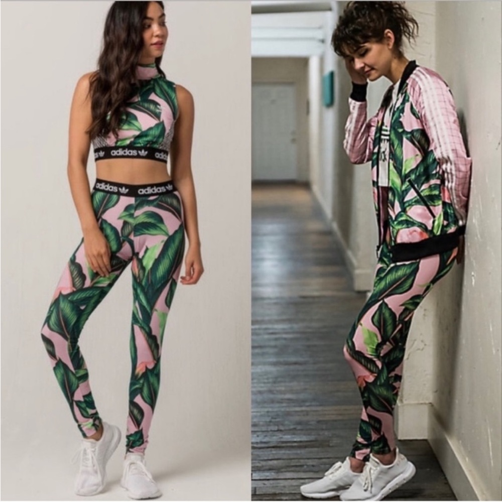 Adidas Originals X Farm leggings with Trefoil logo in palm print